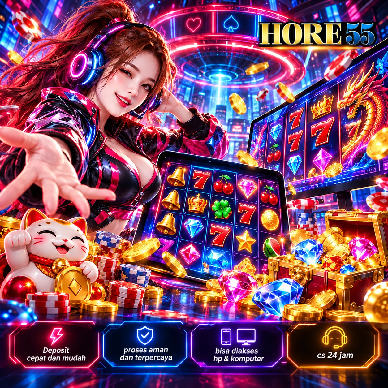Ilustrasi HORE55 futuristis bernuansa neon dengan karakter dan perangkat game
